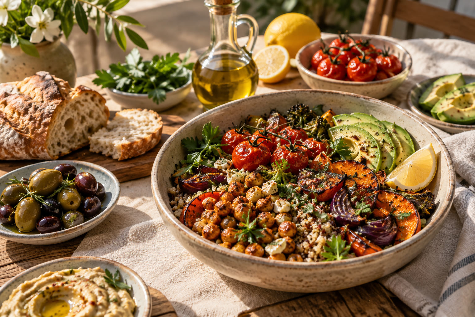 Roasted vegetable and chickpea grain bowl with avocado, tomatoes, olives, bread, lemon, and herbs