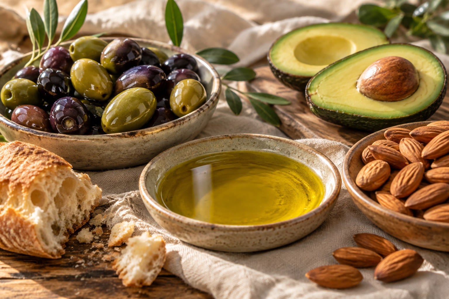 Olives, avocado, almonds, olive oil, and bread on a sunlit table